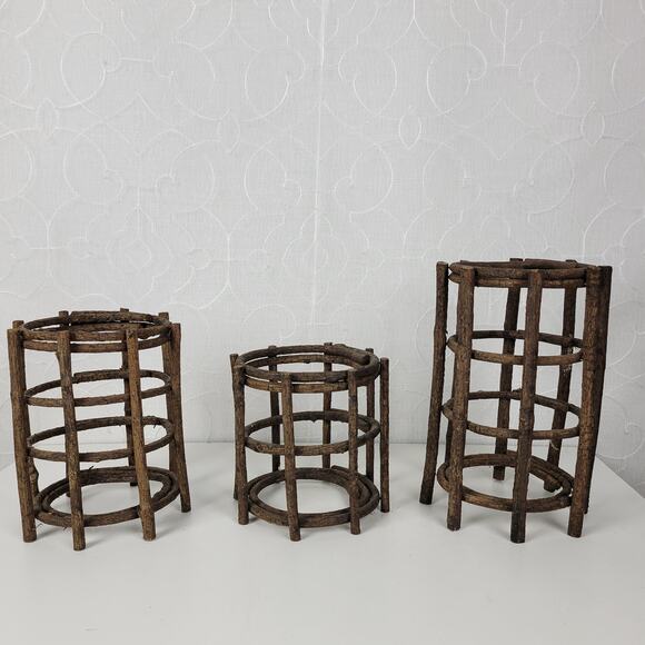 VINTAGE Handmade Candle Holders Brown Primitive Wooden Stick Home Decor Set of 3 - Picture 4 of 15